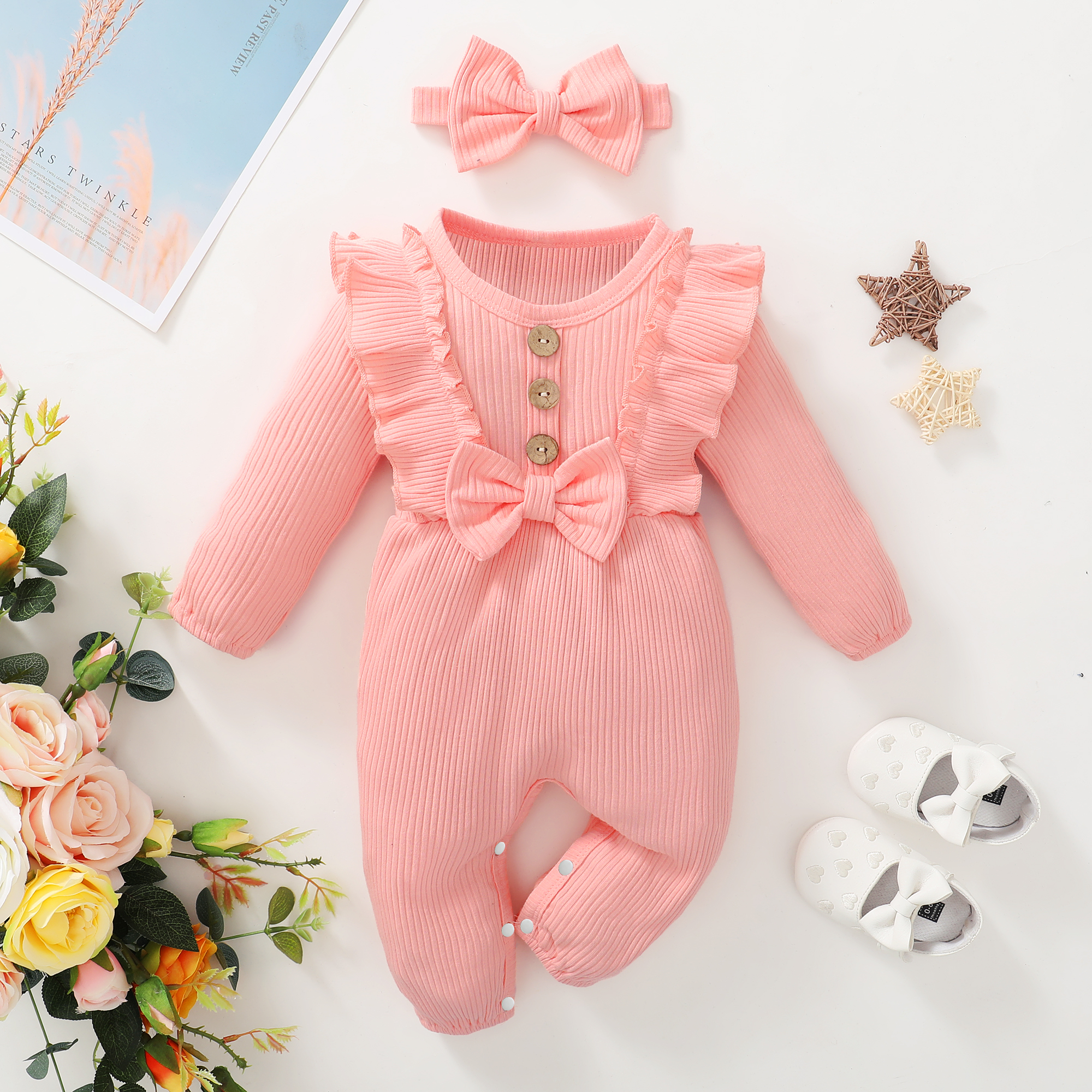 【2PCS】 0-18M Baby Girl Set | Pink Ribbed Romper with Ruffles and Bow + Matching Bow Headband | Sweet Newborn Outfit