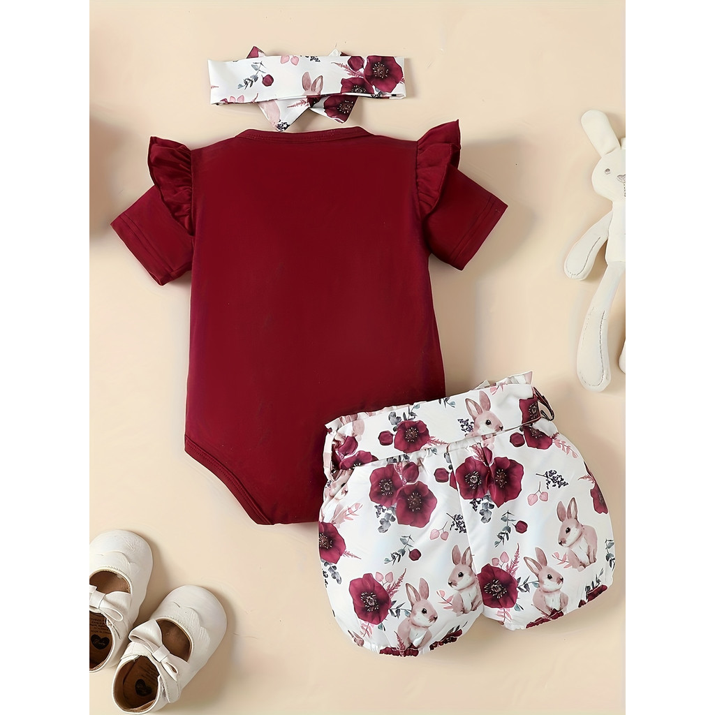 0-3Y Girls' Bunny Applique Ruffle Romper & Floral Bloomer Set with Matching Headband | Soft Cotton 3-Piece Outfit, for Daily Wear & Photoshoots, Baby Girls