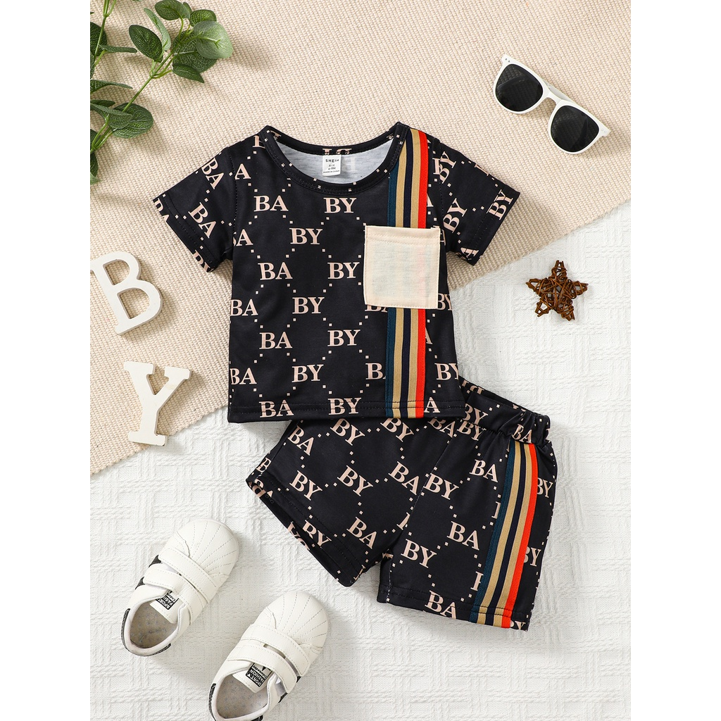 【6M-3Y】 2PCS Toddler Boy Outfit | Allover Letter Print T-shirt with Contrast Pocket + Striped Shorts | Trendy Casual Set