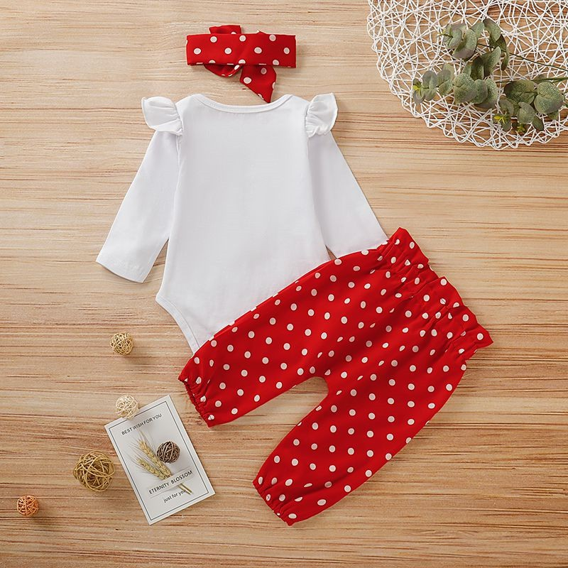 【0-18M】 3PCS Baby Girl Outfit: White Ruffle-Sleeve Romper with Polka Dot Heart Print + Red Polka Dot Pants with Bow + Matching Headband – Cute Valentine Set