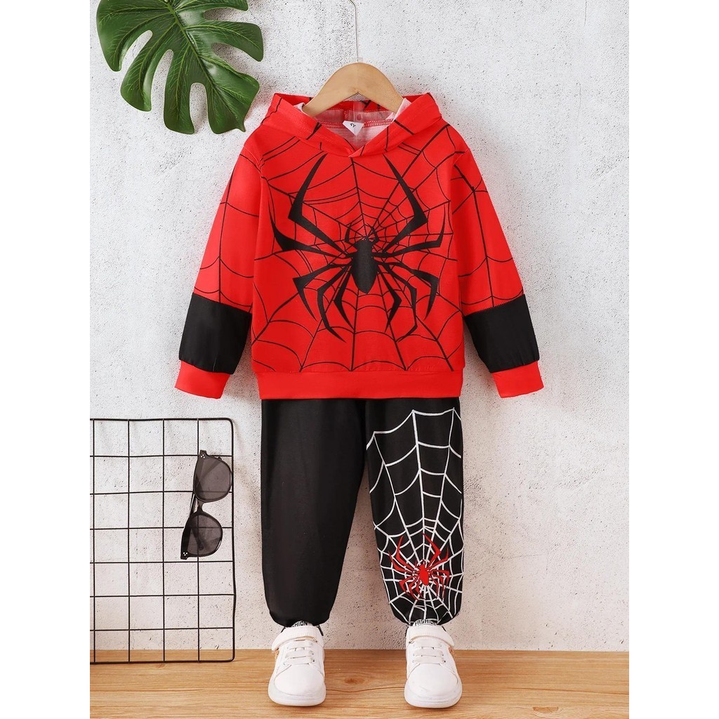 【2PCS】 4-7Y Toddler Boy Superhero Outfit | Red Spider-Man Print Hoodie + Matching Web Pants | Cartoon Casual Set