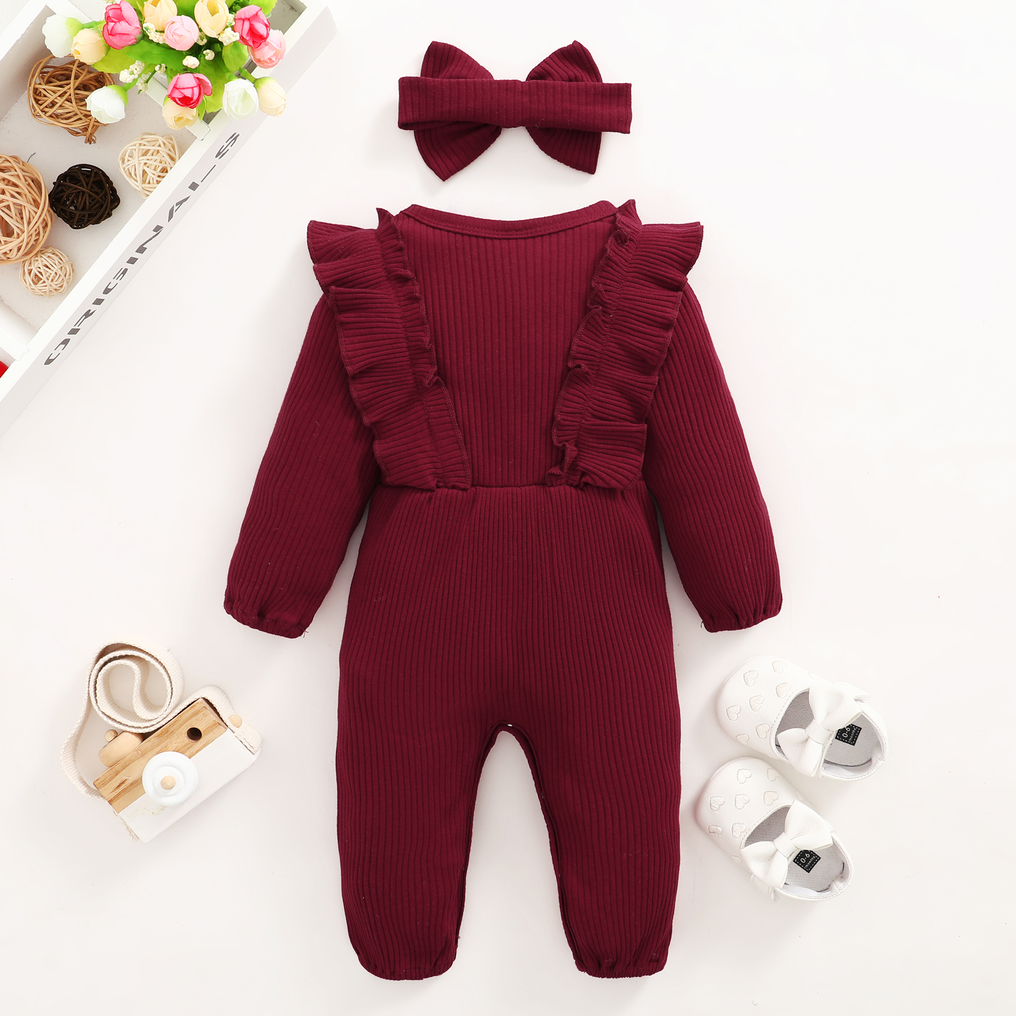 【2PCS】 0-18M Baby Girl Set | Maroon Ribbed Romper with Ruffles and Bow + Matching Bow Headband | Festive Casual Wear