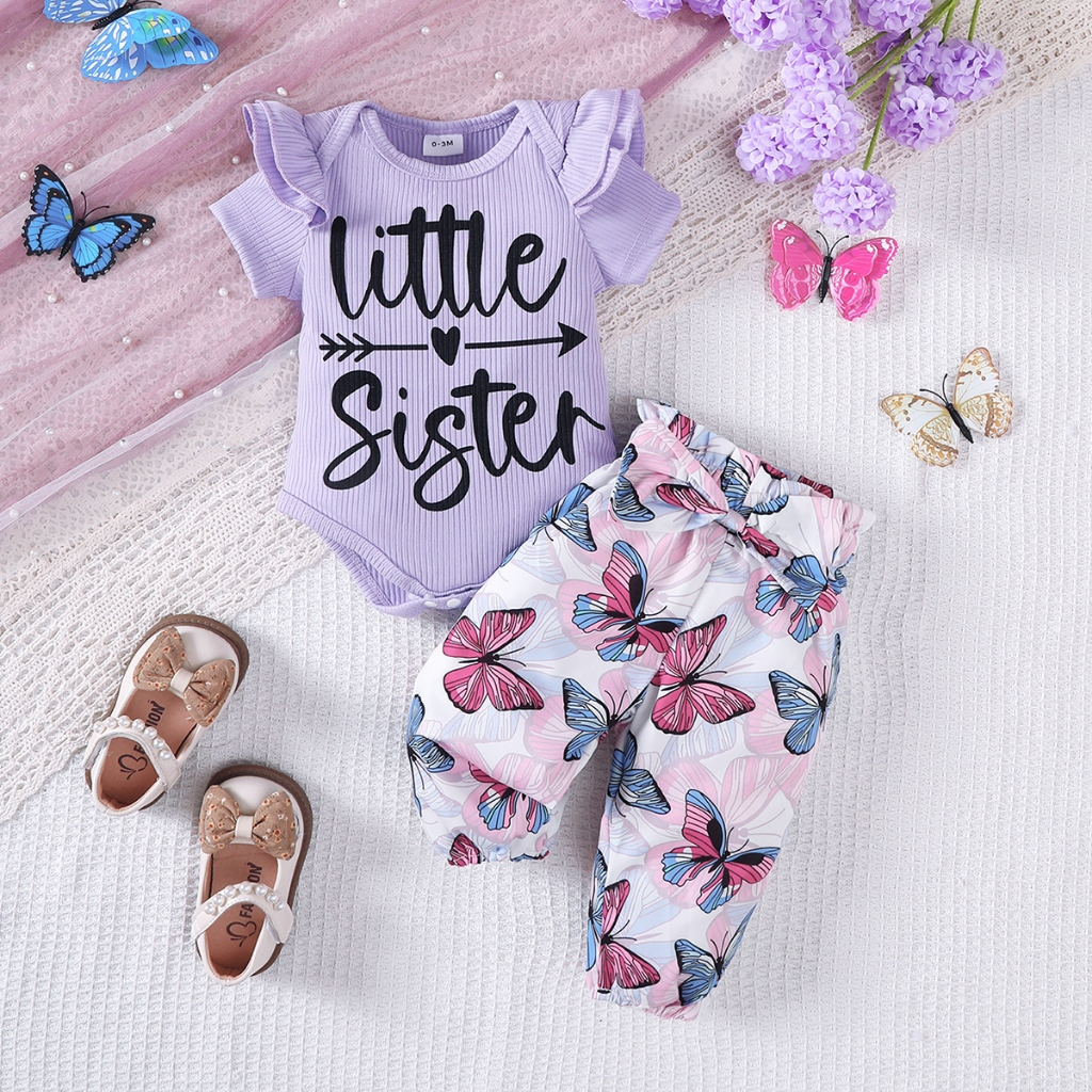 0-18Months NewBorn Baby Girls' 2PCS Purple Short Jacket Set Letter Printed Top colorful Butterfly Pants Spring& Autumn Jumpsuit Outfit
