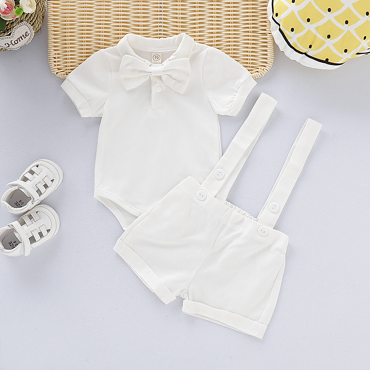 【2PCS】 6-24M Baby Boy Formal Outfit | White Bow Tie Romper + Suspender Shorts | Gentleman Party Wear