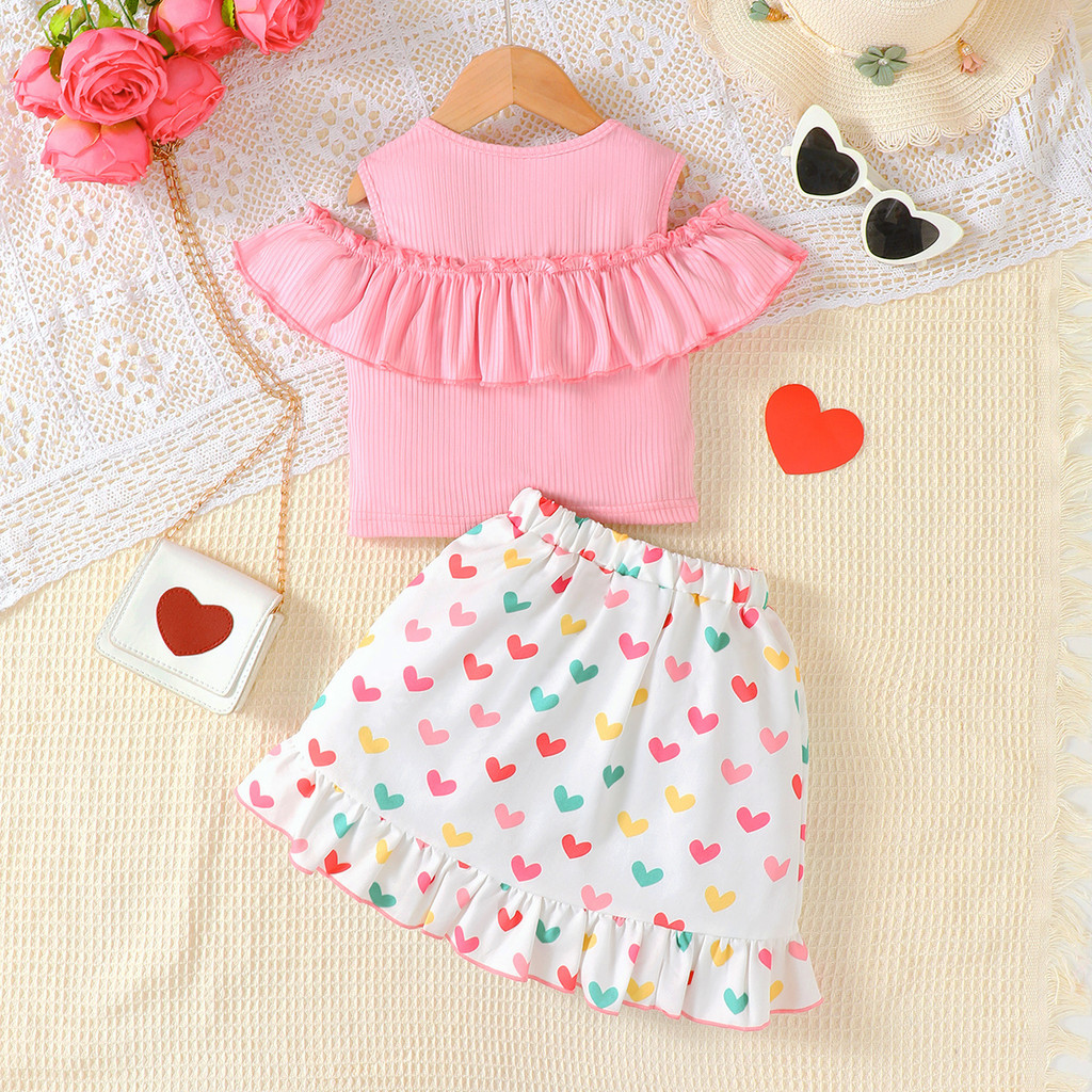 【2PCS】 4-7Y Toddler Girl Outfit | Pink Off-Shoulder Ruffle Top + Colorful Heart Print Skirt | Sweet Casual Wear