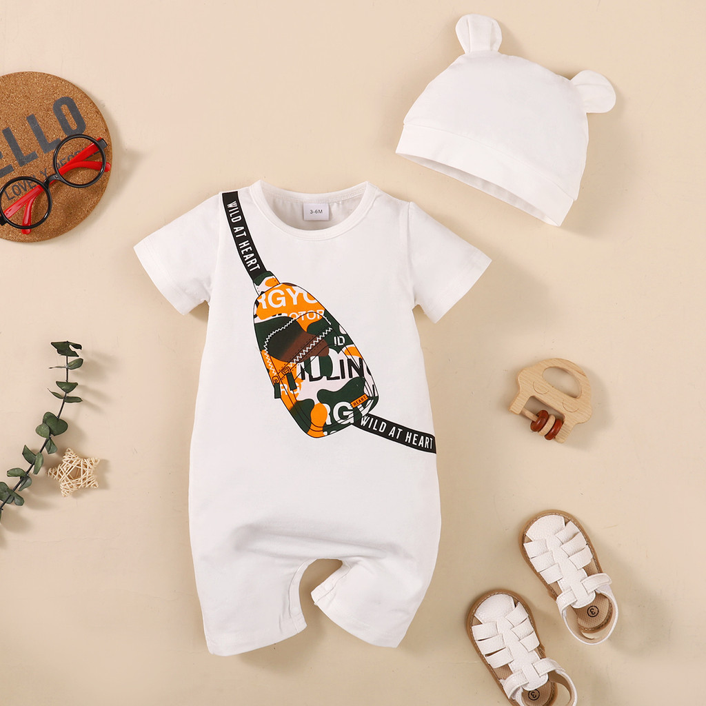 【0-18M】 2PCS Baby Boy Summer Romper Set | Trendy Sling Bag Print Short Sleeve Jumpsuit with Bear Ear Hat | Cute Casual Newborn Outfit