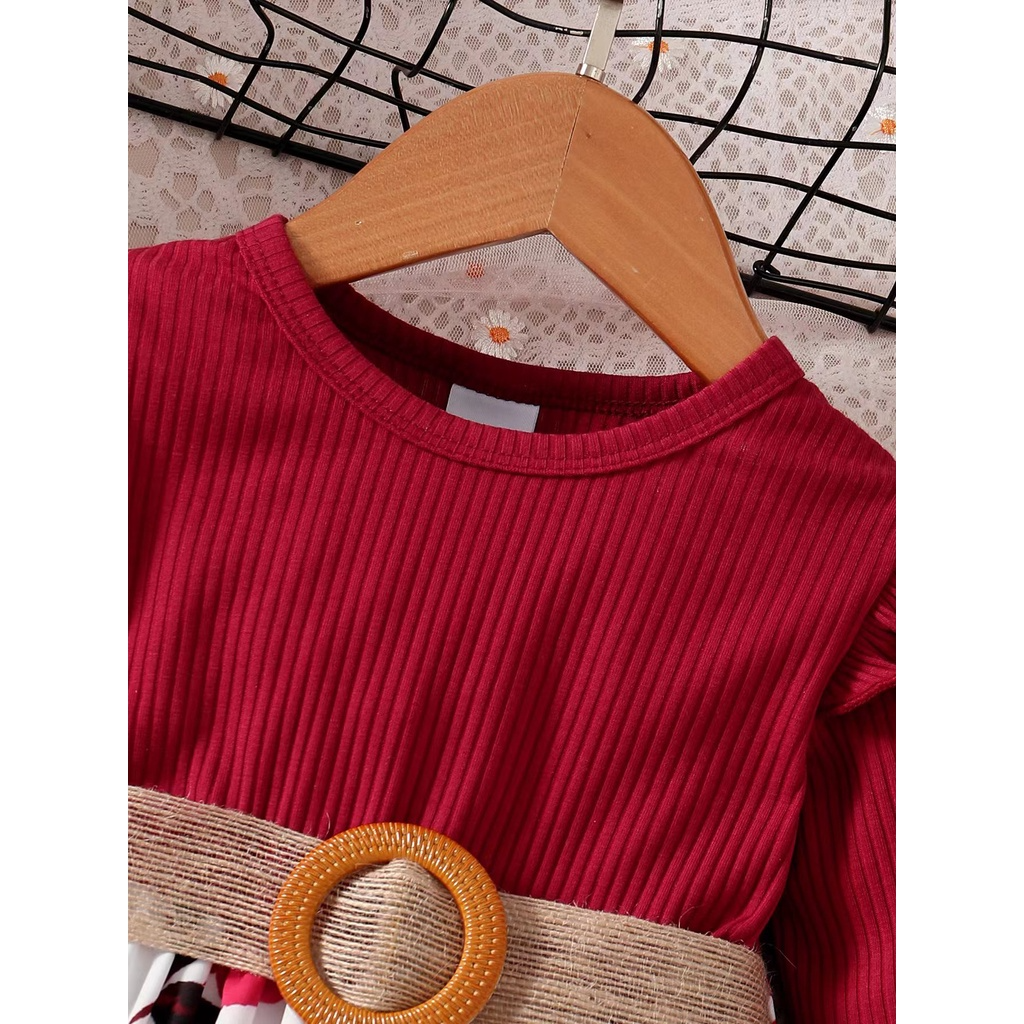【18M-7Y】 Toddler Girl Dress | Wine Red Ribbed Top + Rose Print Skirt with Waist Belt | Elegant Party Outfit