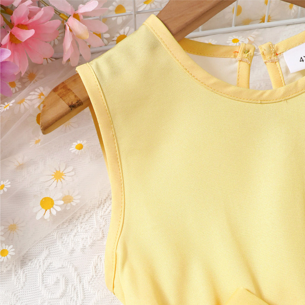 【4-7Y】 Toddler Girl Sleeveless Dress | Yellow Floral Print Dress with Bow Belt | Sweet Summer Outfit