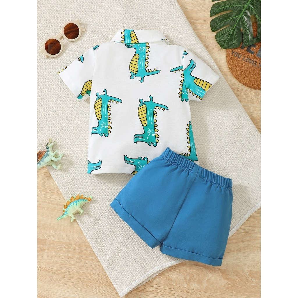 3-24 Months Infant&Baby Boy Gentleman 2pcs Suit Set Cartoon Dinosaur Short Sleeve Polo T-shirt with Solid Shorts Trendy Cute Style Kid Boy Daily Outfit