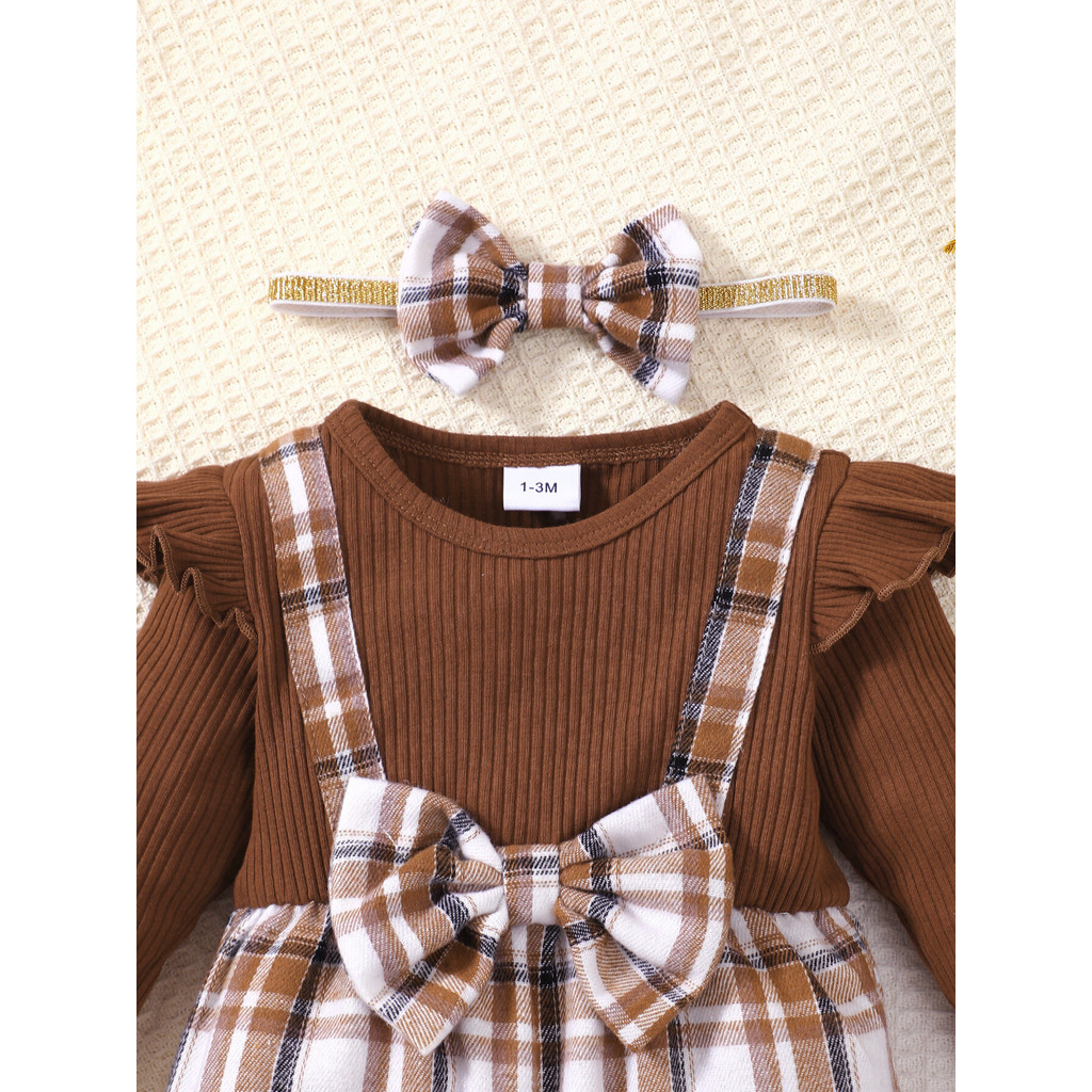 1-18Months Toddler Baby Clothes Long Sleeved Brown Plaid Romper with Headwear Newborn Baby Winter Wear