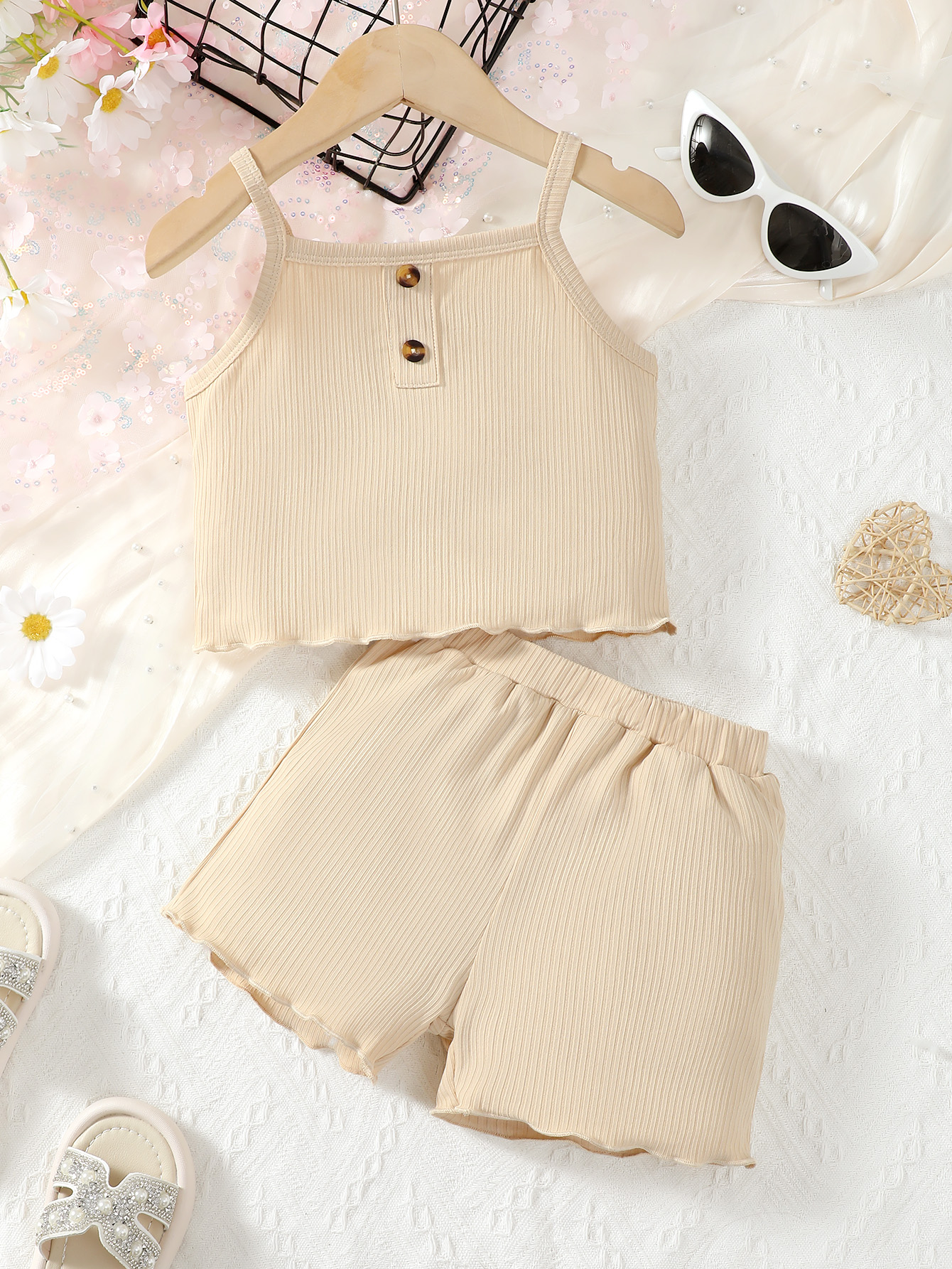 3-6 Years Toddler Girl Beige Ribbed Cami & Shorts Set | Lightweight Sleeveless Casual Outfit, Ideal for Home, Outings & Summer Occasions