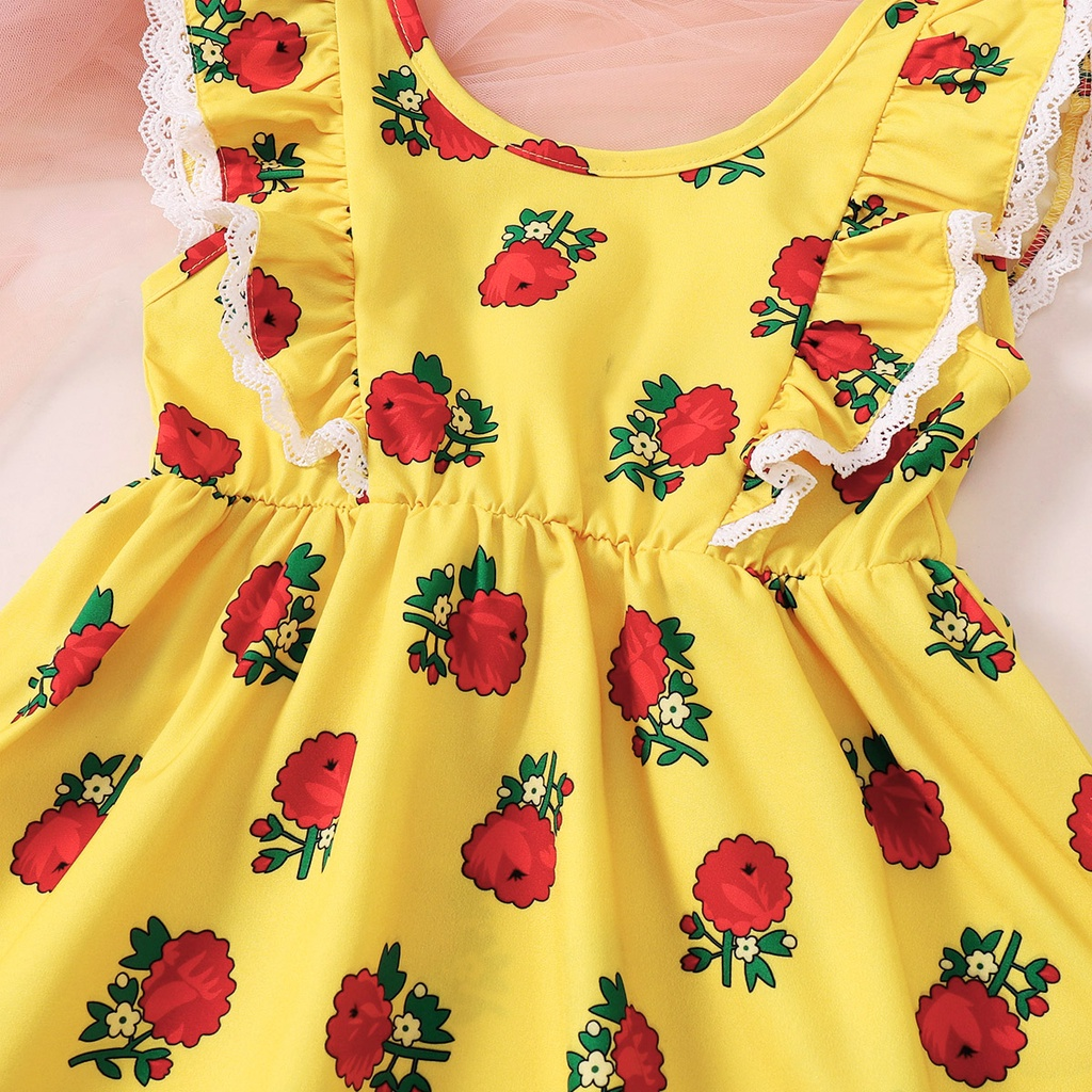 【2PCS】 12M-5Y Toddler Girl Outfit | Yellow Rose Print Lace Trim Dress + Matching Bow Headband | Casual Summer Set