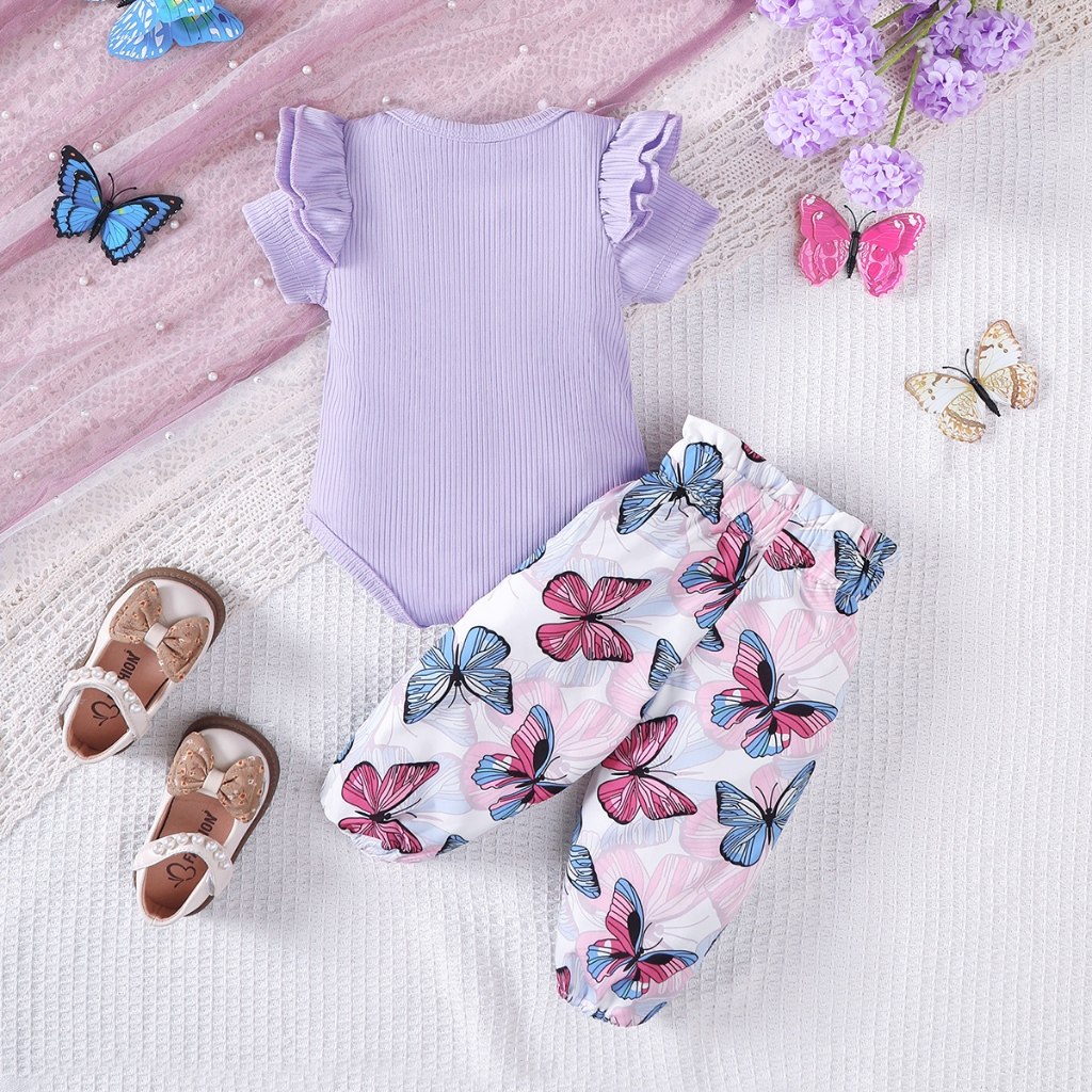 0-18Months NewBorn Baby Girls' 2PCS Purple Short Jacket Set Letter Printed Top colorful Butterfly Pants Spring& Autumn Jumpsuit Outfit