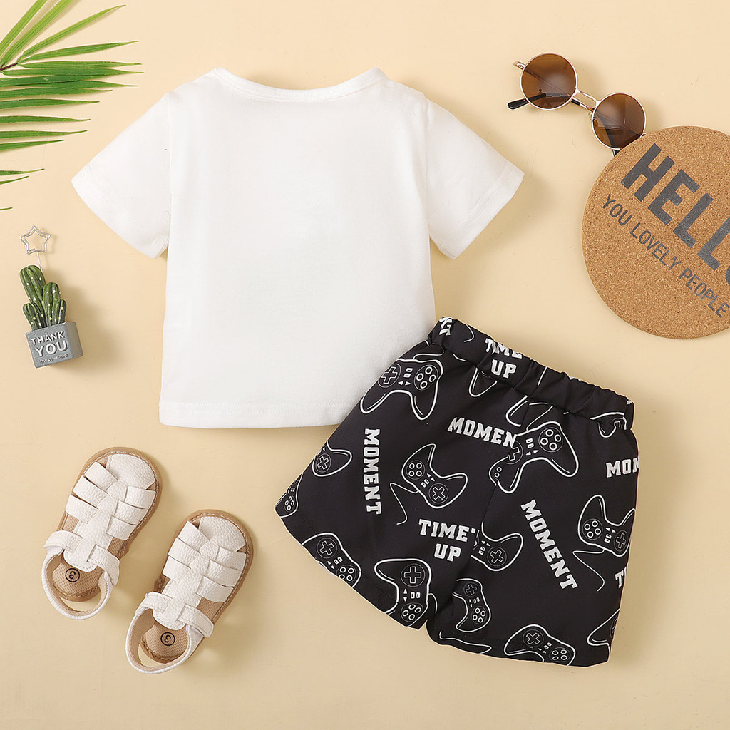 【3-24M】 2PCS Baby Boy Summer Outfit | Game Controller Print Crew Neck T-shirt + Matching Shorts | Casual Cool Gamer Style Set