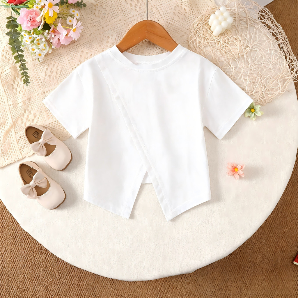 Catpapa girl | 2-8Y Girls' White Short Sleeve T-Shirt with Floral Girl Print, Soft & Breathable, for Daily & School Wear | Girl T-Shirt