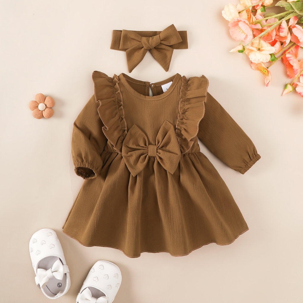 Dress for 1-18Months Newborn&Toddler Baby Girl Dress with Ruffled Edges and Bow, Long Sleeved Dress and Headband Set