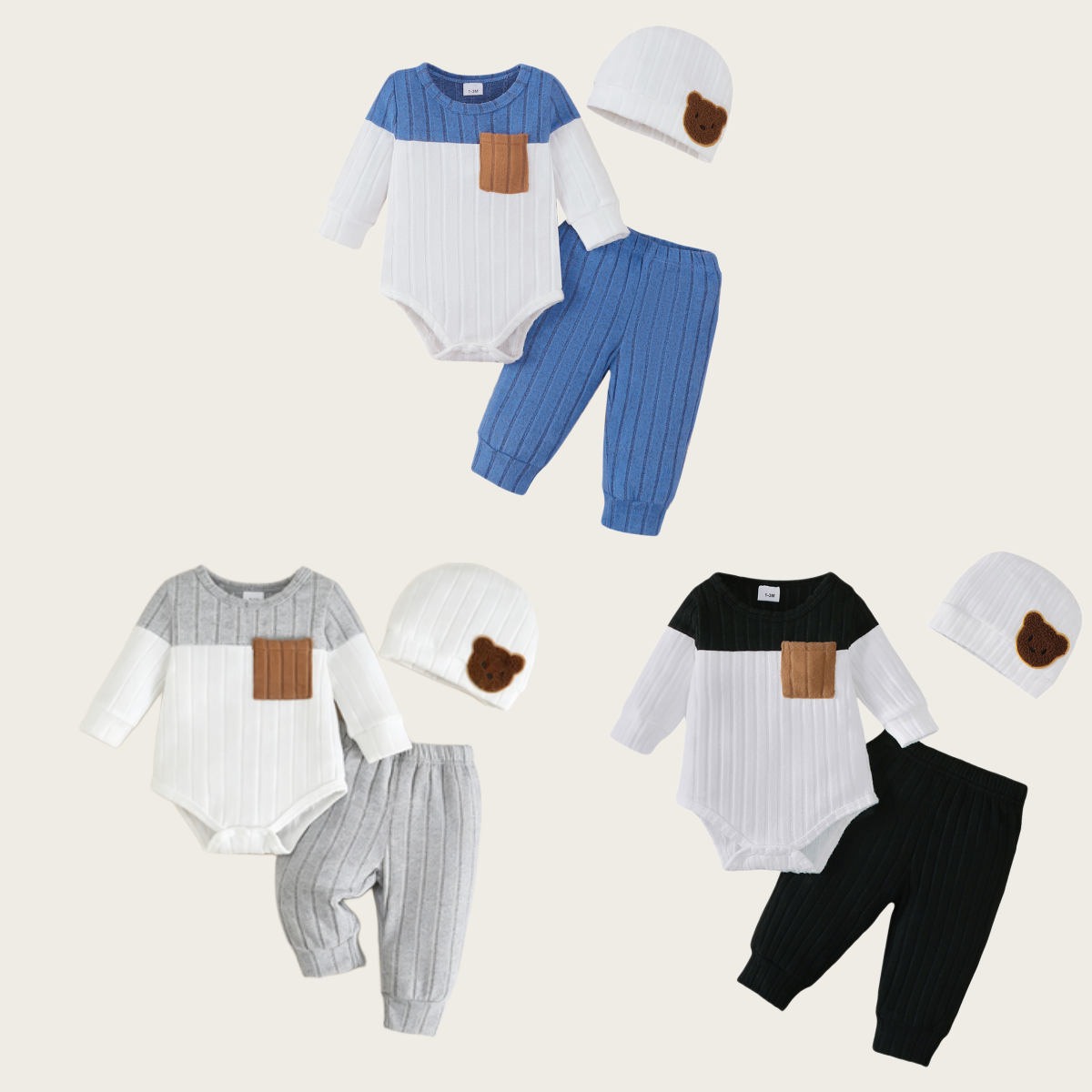 Catpapa boy |【3PCS】 0-18M Unisex Baby Outfit |  Ribbed Romper + Pants + Bear Patch Hat | Babies dress | Cute baby dresses | Soft Newborn Set