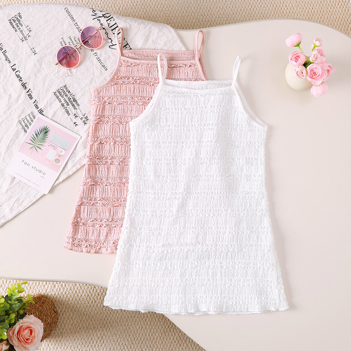 Catpapa girl |0-2Y Baby Girls' 2 Colors Lace Smocked Sling Dress, Ruffle Hem Thin Camisole Sundress, Soft & Breathable, for Daily Home Wear & Summer Casual Outings | Kids fancy dresses
