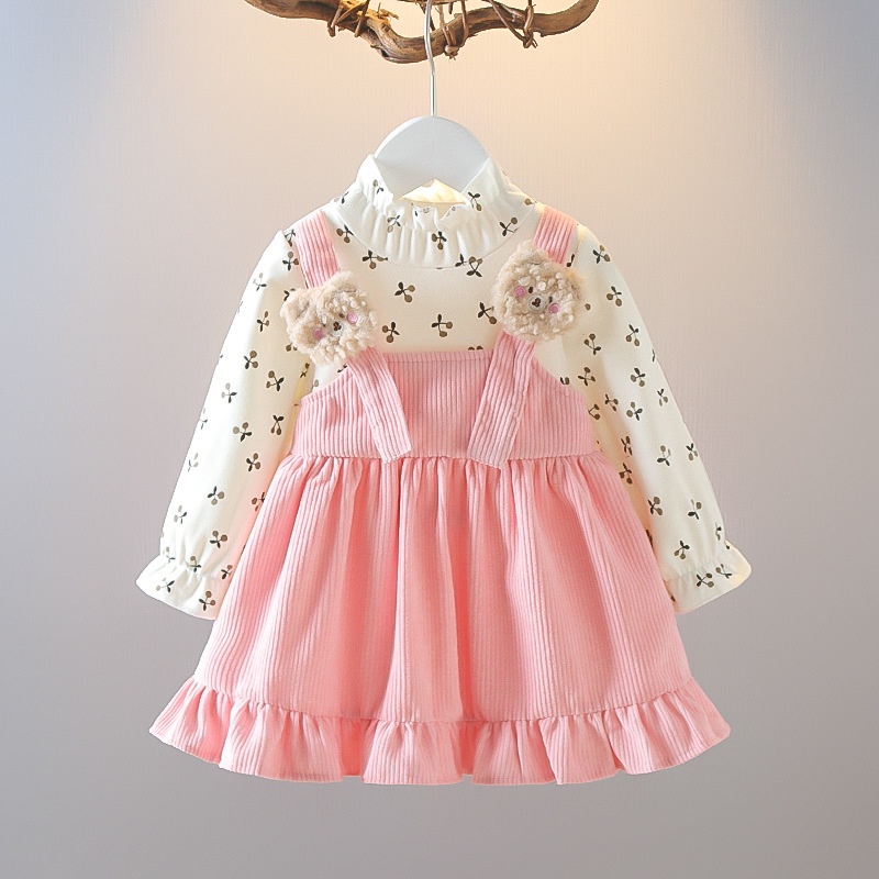 Catpapa girl |【2PCS】 18M-6Y Toddler Girl Outfit | Floral Print Long Sleeve Top + Corduroy Suspender Dress with Bear Appliques | Baby girls clothes sets outfits | Kids fancy dresses |Cute Fall Set