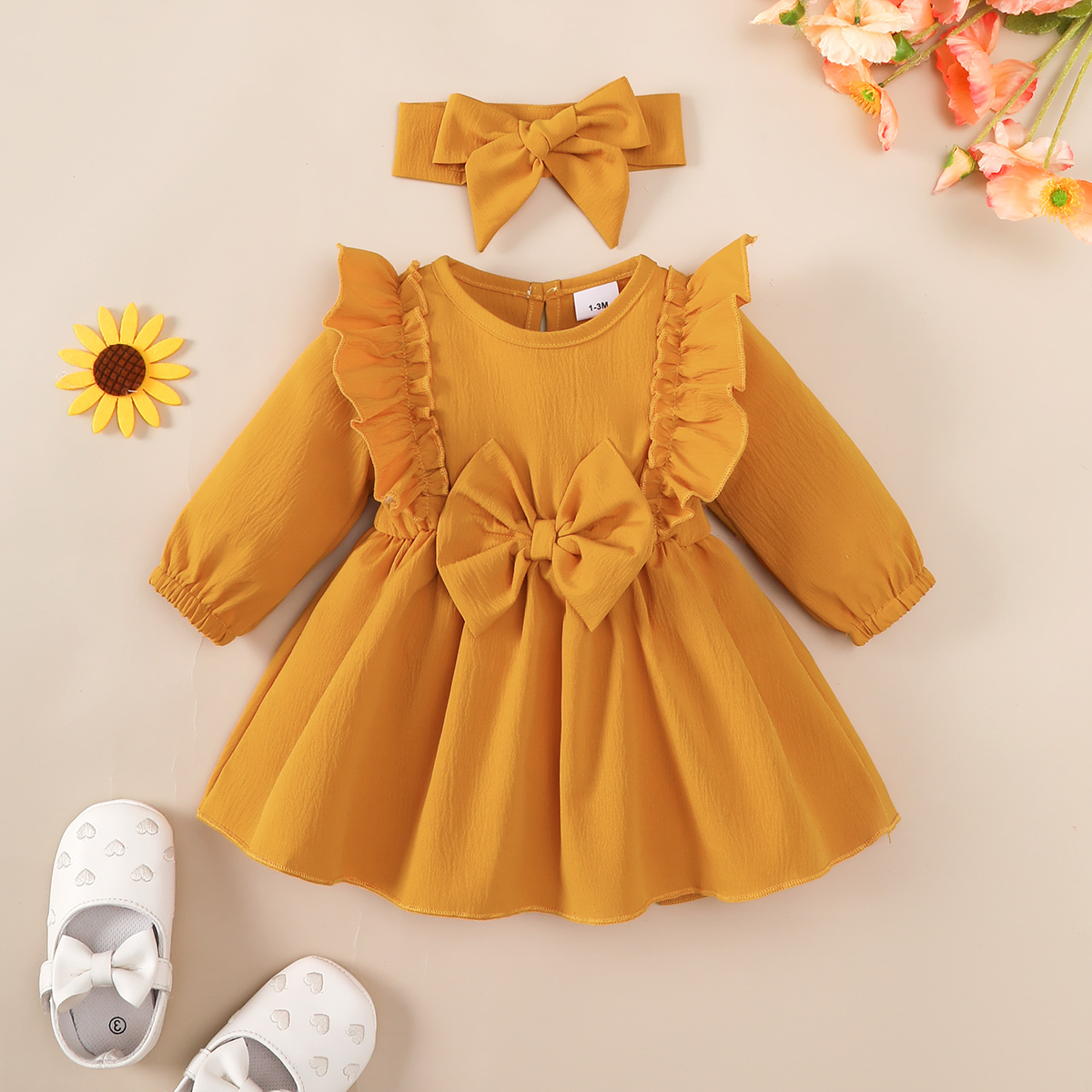 Dress for 1-18Months Newborn&Toddler Baby Girl Dress with Ruffled Edges and Bow, Long Sleeved Dress and Headband Set