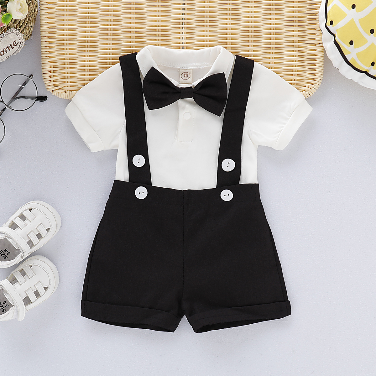 Catpapa boy |【2PCS】 6M-3Y Baby Boy Formal Outfit | Short Sleeve Shirt + Suspender Shorts with Bow Tie | Boys clothes fashions |Party Casual Wear
