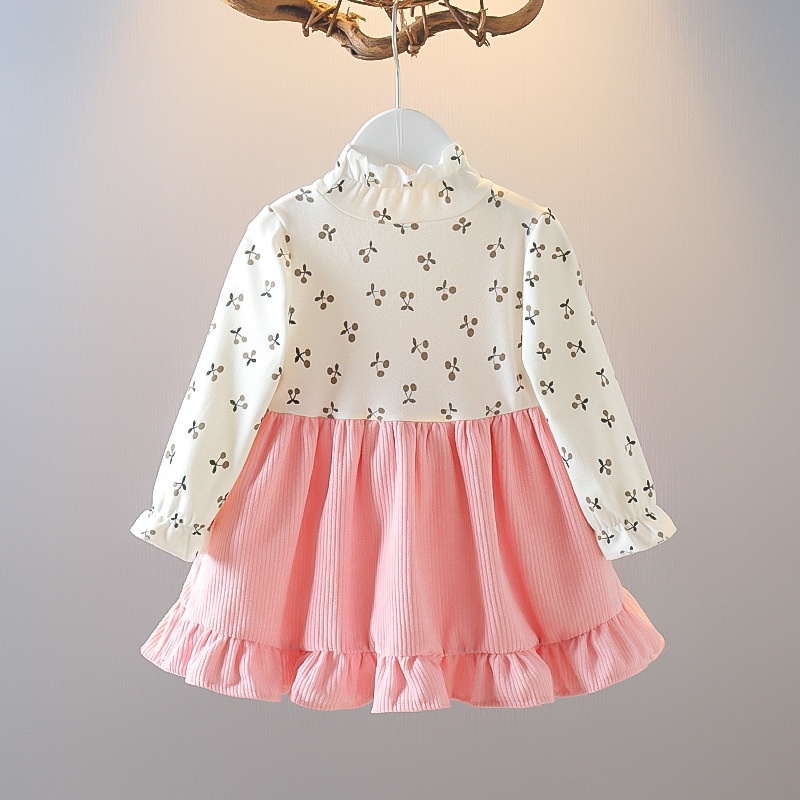 Catpapa girl |【2PCS】 18M-6Y Toddler Girl Outfit | Floral Print Long Sleeve Top + Corduroy Suspender Dress with Bear Appliques | Baby girls clothes sets outfits | Kids fancy dresses |Cute Fall Set
