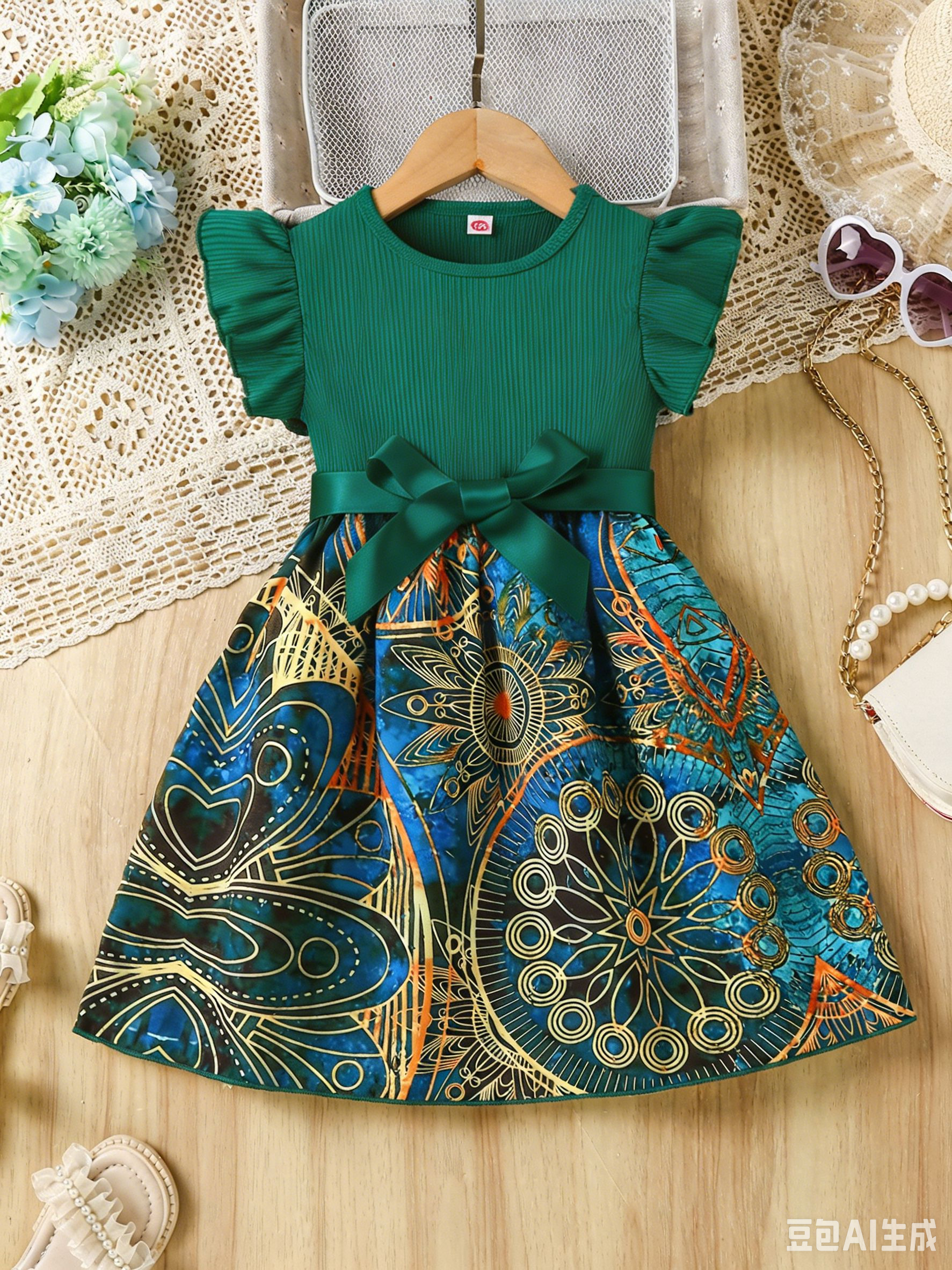 Catpapa girl | 2-7Y Girls' Green Ruffle Sleeve Tribal Print Dress with Satin Bow, Soft & Breathable, for Daily & Party Wear | Kids fancy dresses