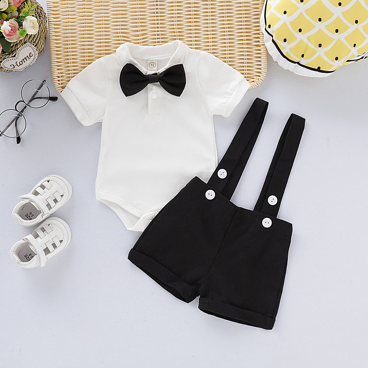 Catpapa boy |【2PCS】 6M-3Y Baby Boy Formal Outfit | Short Sleeve Shirt + Suspender Shorts with Bow Tie | Boys clothes fashions |Party Casual Wear