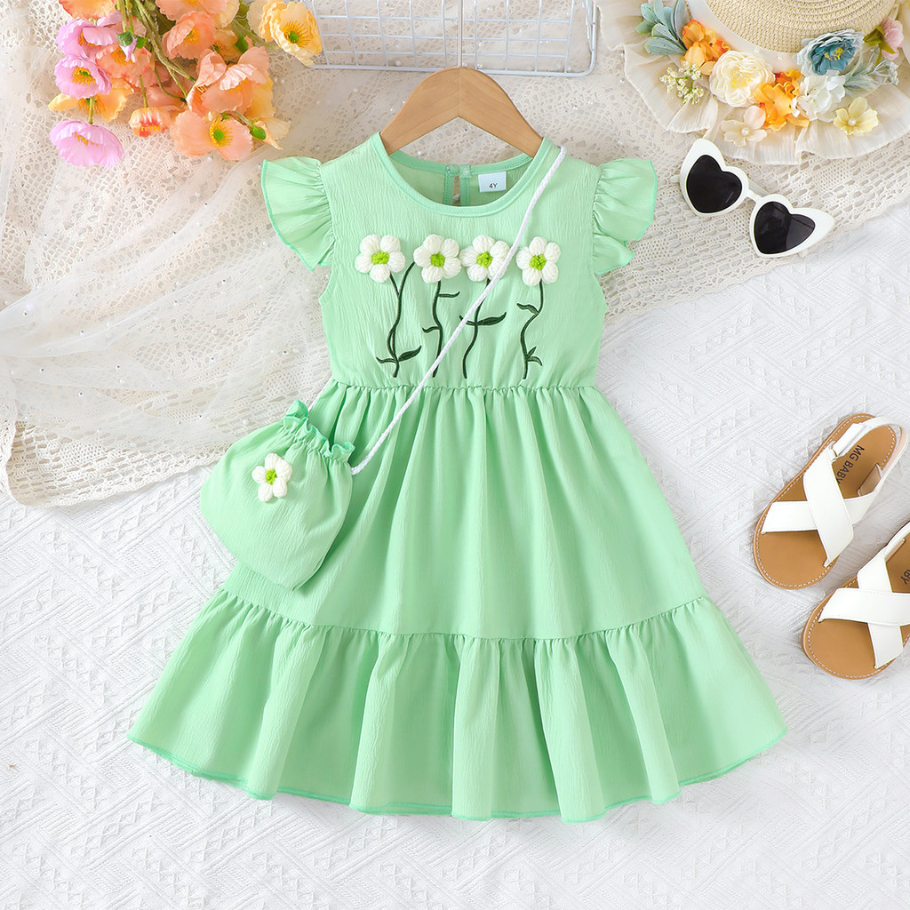 Catpapa girl |【2PCS】 18M-6Y Toddler Girl Set | Floral Embroidery Dress with Ruffle Hem + Matching Flower Bag | Kids fancy dresses| Baby girl dresses|Elegant Casual Wear