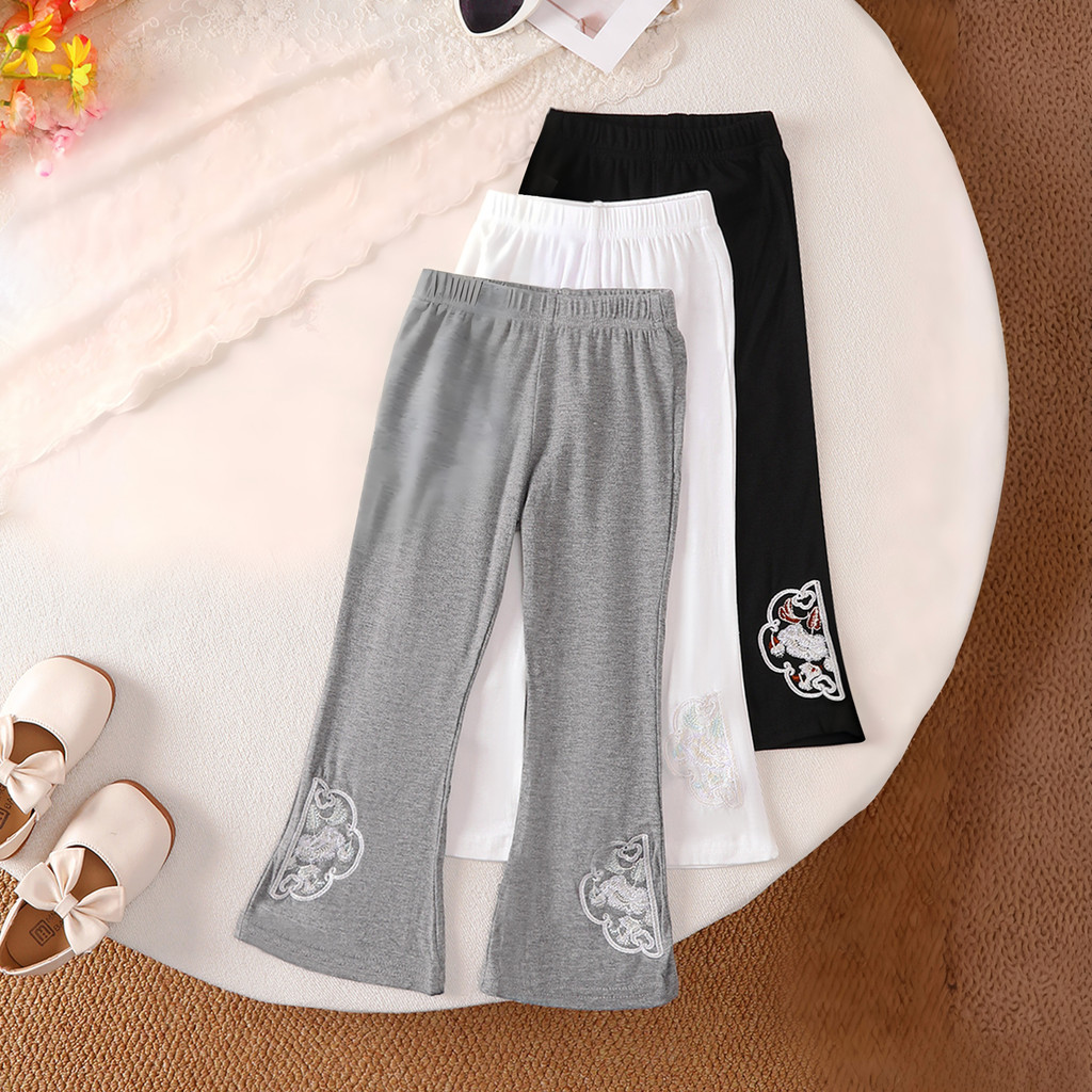 【Buy 3 Pants Get 1 Tee Free 】1-7Y Girls'  Graphic Irregular Hem T-Shirt +Multi-Color Embroidery Flare Leg Trousers Bundle,, Breathable & Stretchable, for Summer Playdates & Daily Activi
