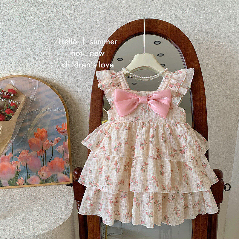 Catpapa boy/ Dress for 1-6Years Baby&Child Layered pink purple bow paired with casual / Kids fancy dresses / fashionable, breathable floral patterns for spring and summer seasons Dress Outfit