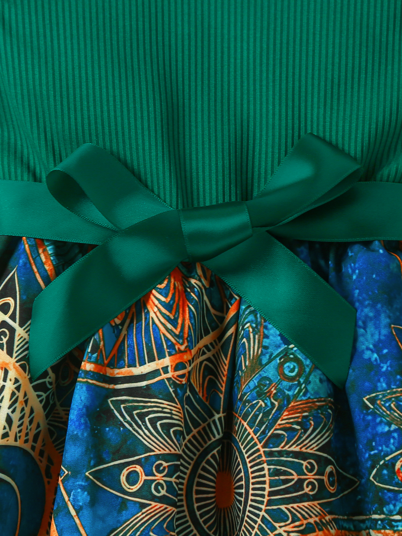 Catpapa girl | 2-7Y Girls' Green Ruffle Sleeve Tribal Print Dress with Satin Bow, Soft & Breathable, for Daily & Party Wear | Kids fancy dresses