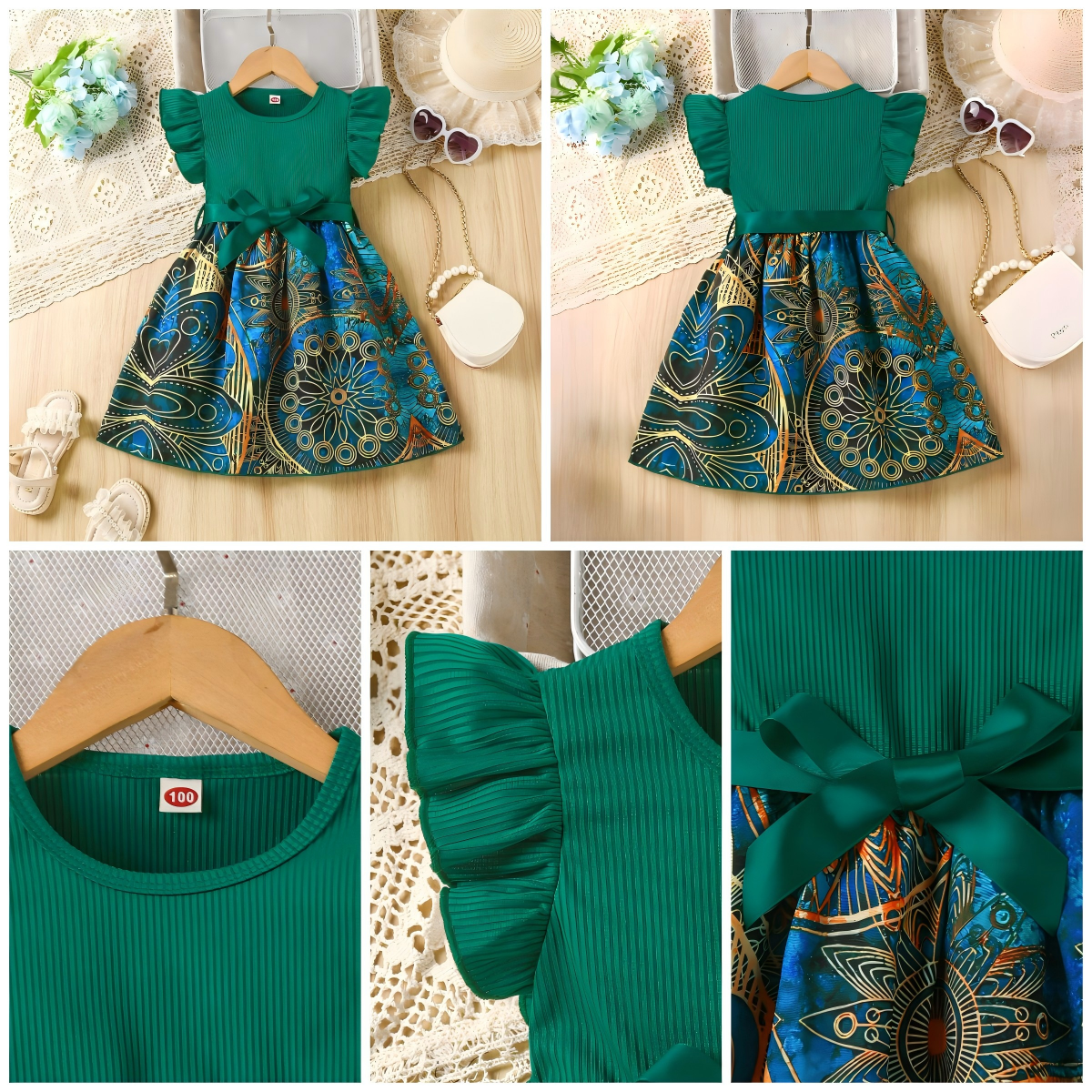Catpapa girl | 2-7Y Girls' Green Ruffle Sleeve Tribal Print Dress with Satin Bow, Soft & Breathable, for Daily & Party Wear | Kids fancy dresses