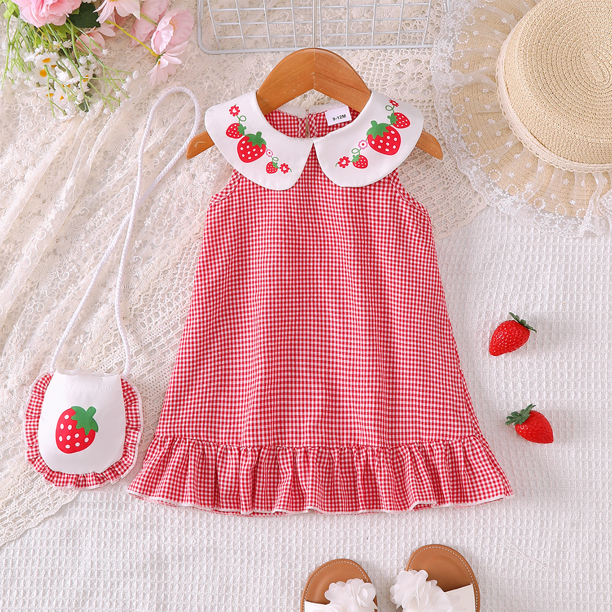 Catpapa girl | 0-3Y Baby Girls' Strawberry Print Gingham A-Line Dress with Matching Bag, Lightweight & Comfortable, for Beach & Casual Outings | baby girls clothes sets outfits | BabyDress