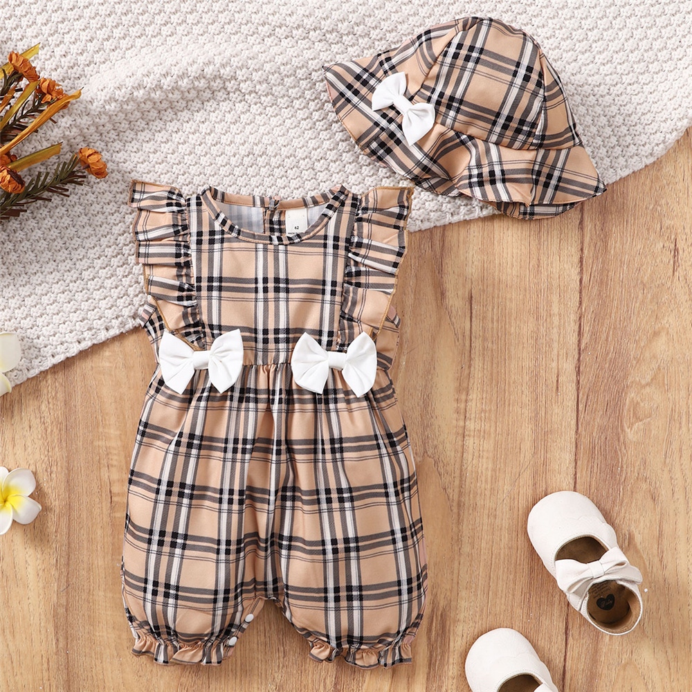 Catpapa girl |【2PCS】 0-18M Baby Girl Outfit | Ruffle Romper with Bows + Matching Sun Hat |Babies dress | Baby girls clothes sets outfits|Cute Summer Set