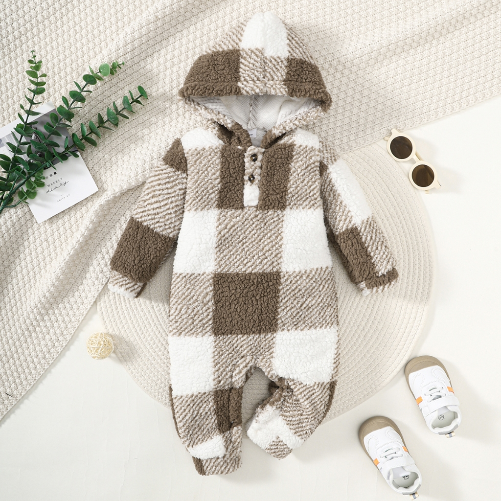 Catpapa boy /【3-24M】 Baby Boy Khaki Plaid Hooded Fleece Jumpsuit | Autumn Winter Warm Crawling Suit | Plush Long-Sleeve Outdoor Romper for Infants | Babies dress |  2 years old clothes