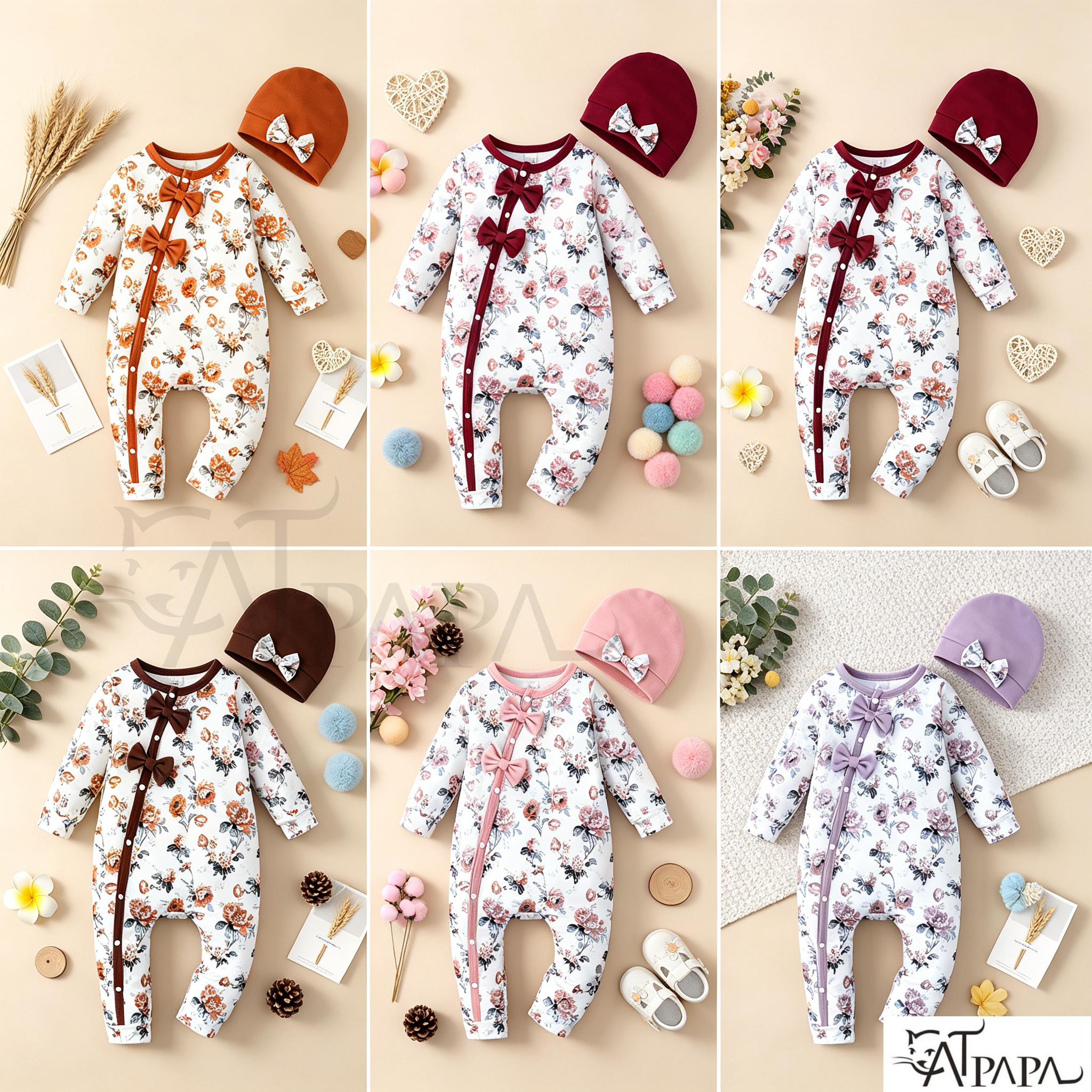 【0-18Months】 Newborn Baby Girl 2PCS Floral Print Romper Set, Long Sleeve Front Snap Jumpsuit with Bow Hat, Sweet Infant Outfit，Baby clothes for newborns