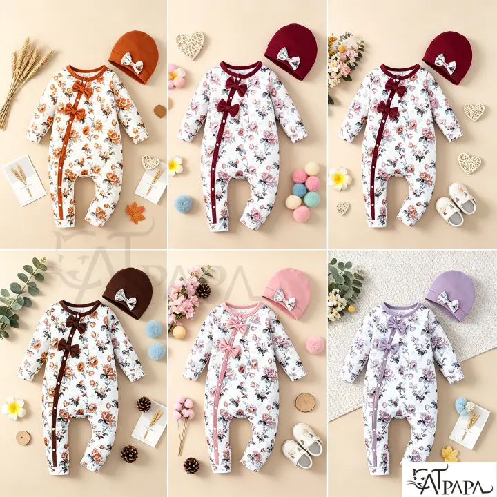 【0-18Months】 Newborn Baby Girl 2PCS Floral Print Romper Set, Long Sleeve Front Snap Jumpsuit with Bow Hat, Sweet Infant Outfit，Baby clothes for newborns