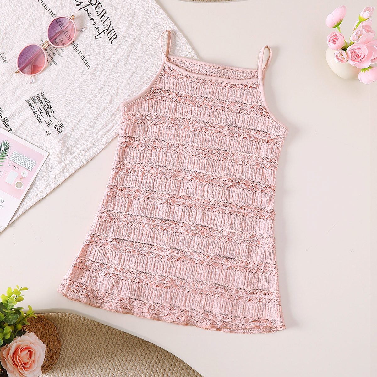 Catpapa girl |0-2Y Baby Girls' 2 Colors Lace Smocked Sling Dress, Ruffle Hem Thin Camisole Sundress, Soft & Breathable, for Daily Home Wear & Summer Casual Outings | Kids fancy dresses