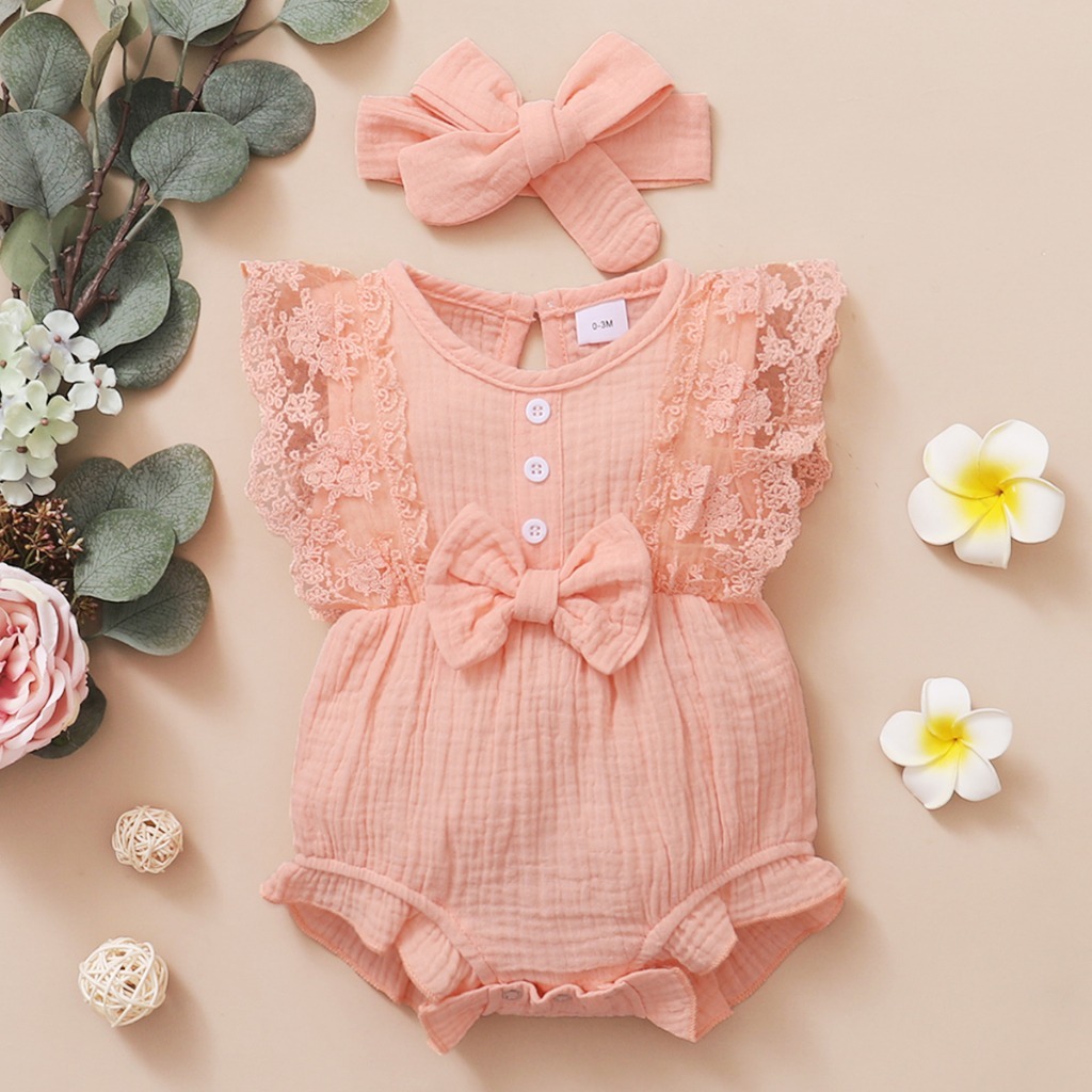 【0-18 Months】 Newborn Baby Girl Green Muslin Cotton Romper Set | Lace Ruffle Sleeve Bodysuit with Bow Headband | Lovely Summer Outfit