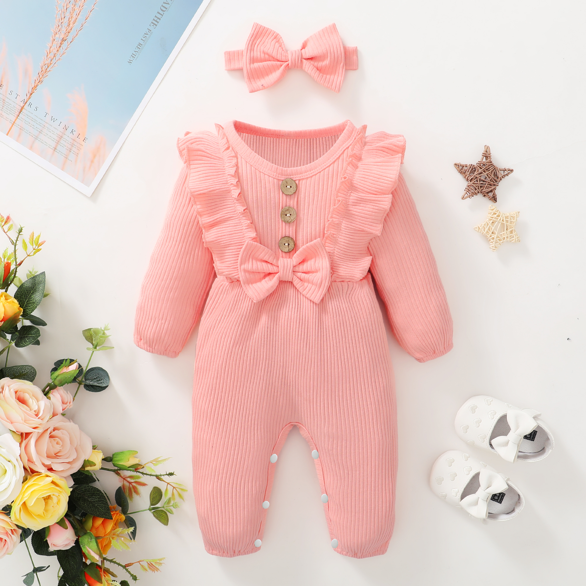Catpapa girl | 【2PCS】 0-18M Baby Girl Set | Ribbed Romper with Ruffles and Bow + Matching Bow Headband | Baby girls clothes sets outfits | Babies dress | Baby girl dresses | Sweet Newborn Outfit
