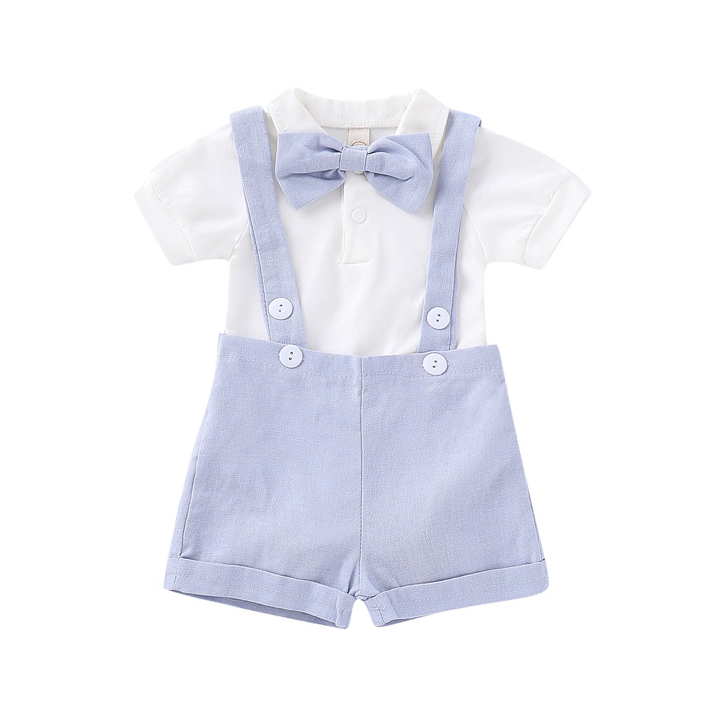 Catpapa boy |【2PCS】 6M-3Y Baby Boy Formal Outfit | Short Sleeve Shirt + Suspender Shorts with Bow Tie | Boys clothes fashions |Party Casual Wear