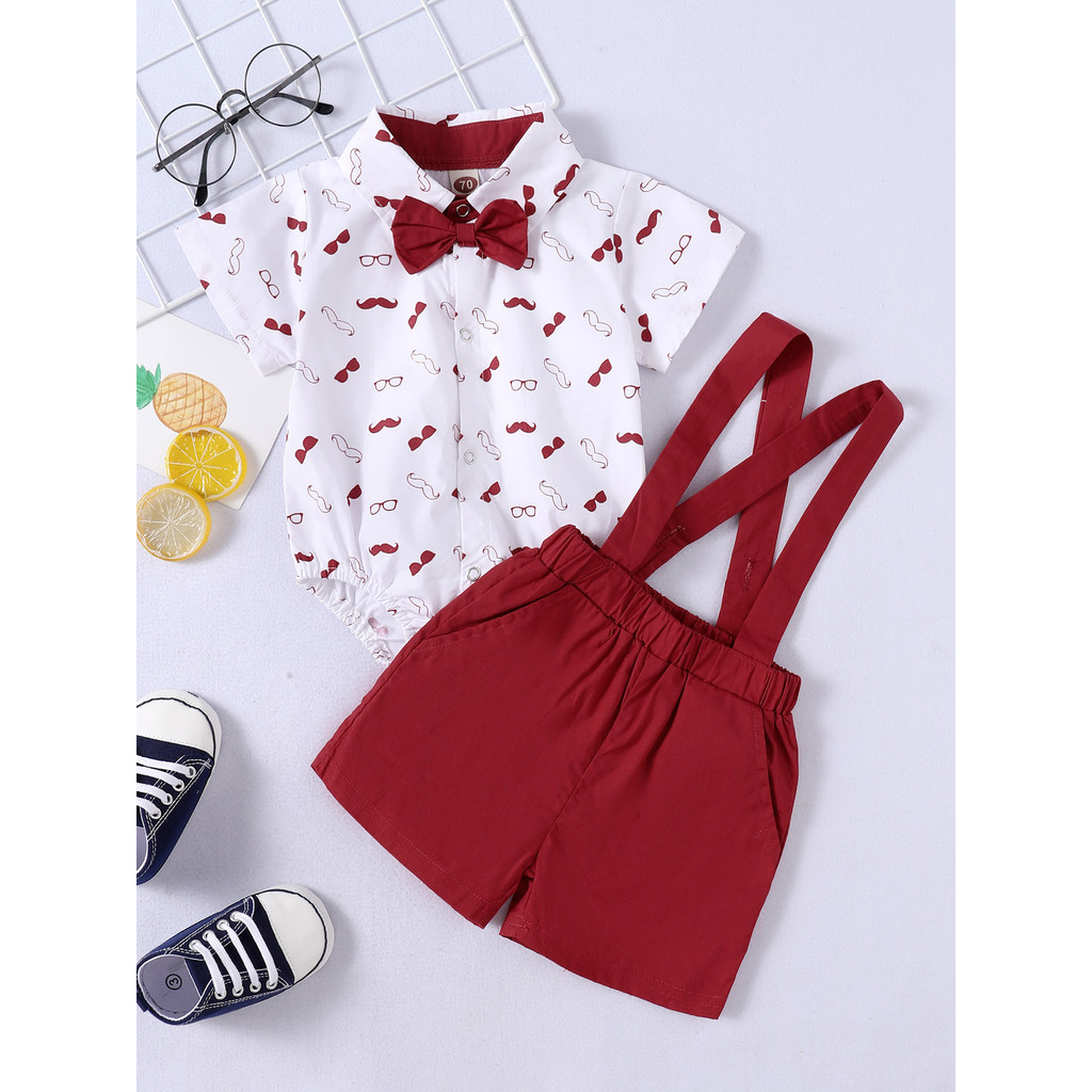 Catpapa boy |【2PCS】 6M-3Y Baby Boy Formal Outfit | Short Sleeve Shirt + Suspender Shorts with Bow Tie | Boys clothes fashions |Party Casual Wear