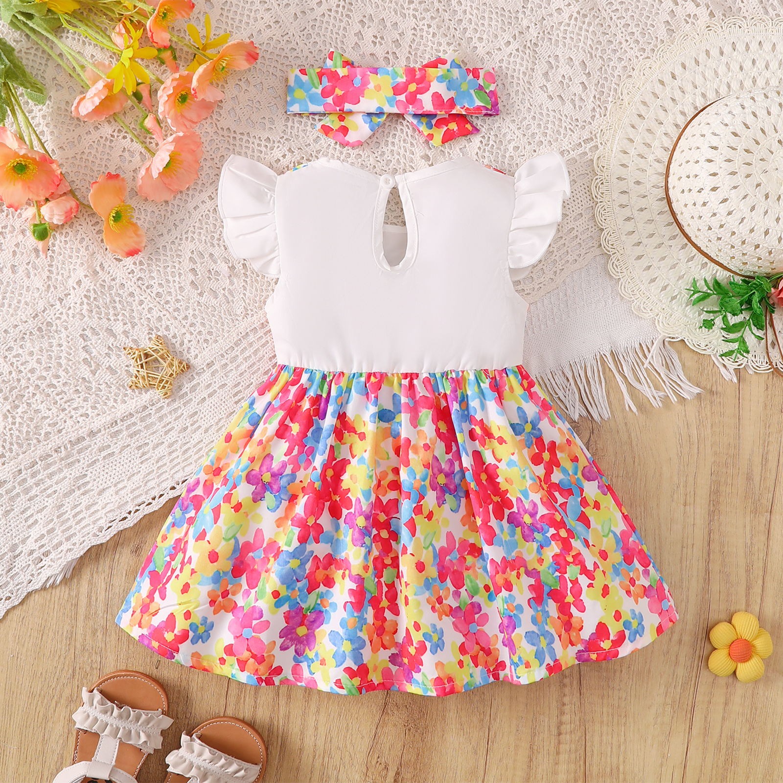 Catpapa girl | 0-3Y Baby Girls' Colorful Floral Print Flutter Sleeve Dress with Bow Headband, Soft & Lightweight, for Summer Daily Wear | baby girls clothes sets outfits | cute baby dresses