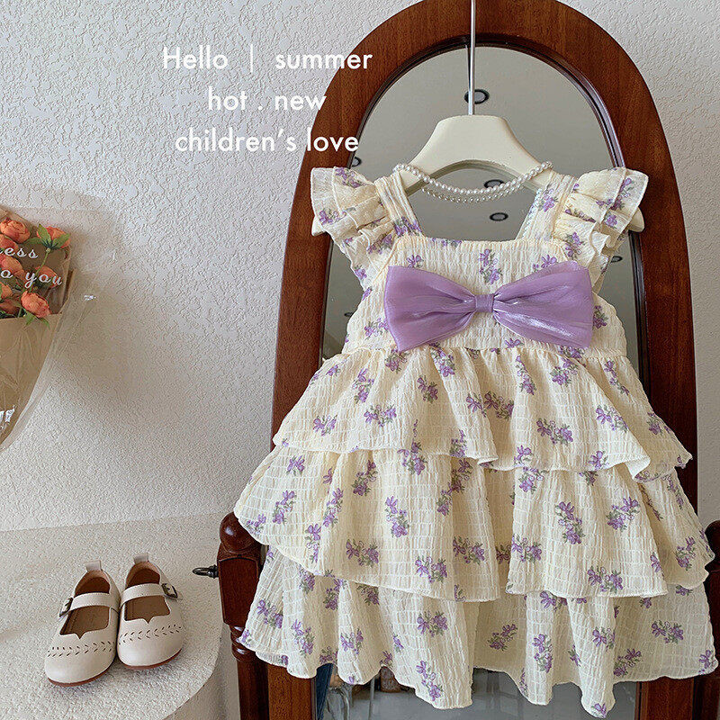 Catpapa boy/ Dress for 1-6Years Baby&Child Layered pink purple bow paired with casual / Kids fancy dresses / fashionable, breathable floral patterns for spring and summer seasons Dress Outfit