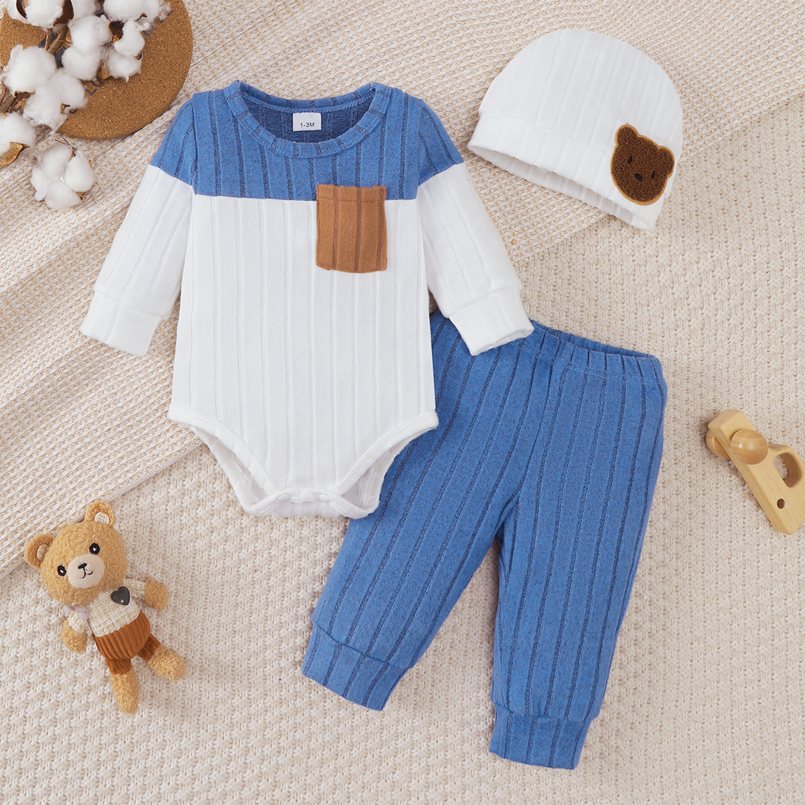 Catpapa boy |【3PCS】 0-18M Unisex Baby Outfit |  Ribbed Romper + Pants + Bear Patch Hat | Babies dress | Cute baby dresses | Soft Newborn Set