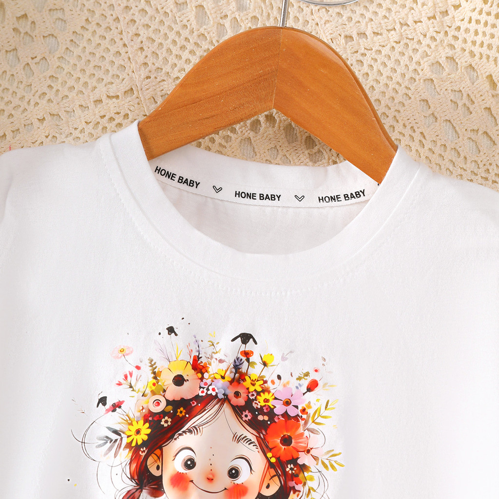 Catpapa girl | 2-8Y Girls' White Short Sleeve T-Shirt with Floral Girl Print, Soft & Breathable, for Daily & School Wear | Girl T-Shirt