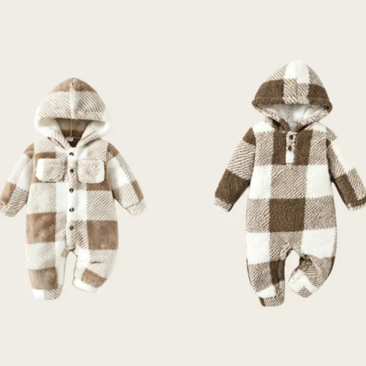 Catpapa boy /【3-24M】 Baby Boy Khaki Plaid Hooded Fleece Jumpsuit | Autumn Winter Warm Crawling Suit | Plush Long-Sleeve Outdoor Romper for Infants | Babies dress |  2 years old clothes