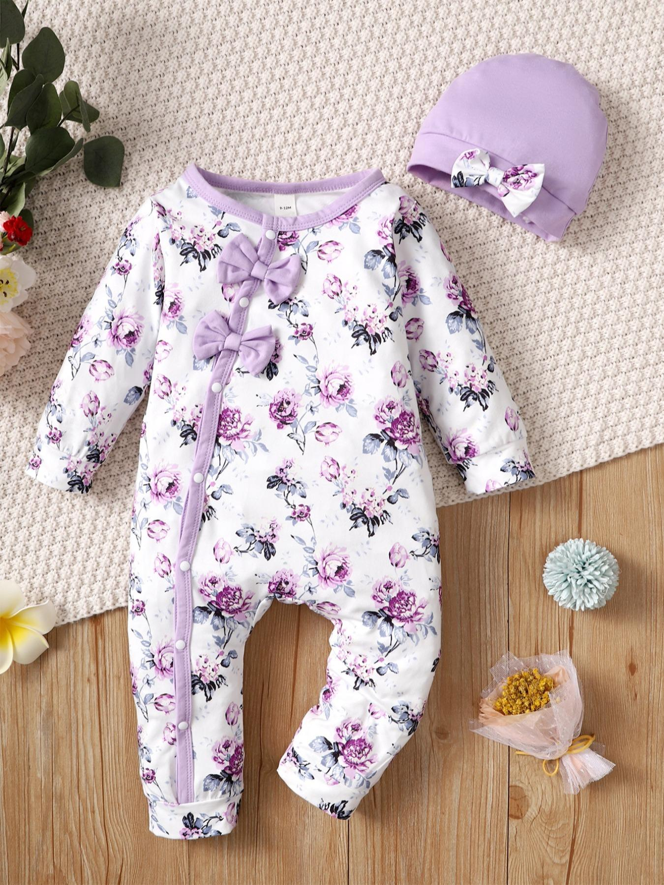 【0-18Months】 Newborn Baby Girl 2PCS Floral Print Romper Set, Long Sleeve Front Snap Jumpsuit with Bow Hat, Sweet Infant Outfit，Baby clothes for newborns