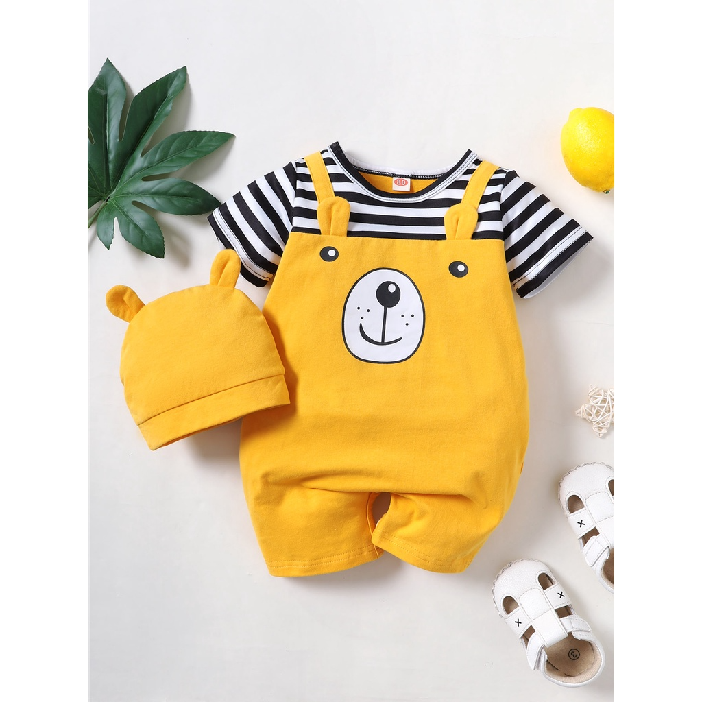 【2PCS】 0-18M Baby Boy Set | Brown Bear Print Romper + Matching Bear Ear Hat | Cute Summer Outfit